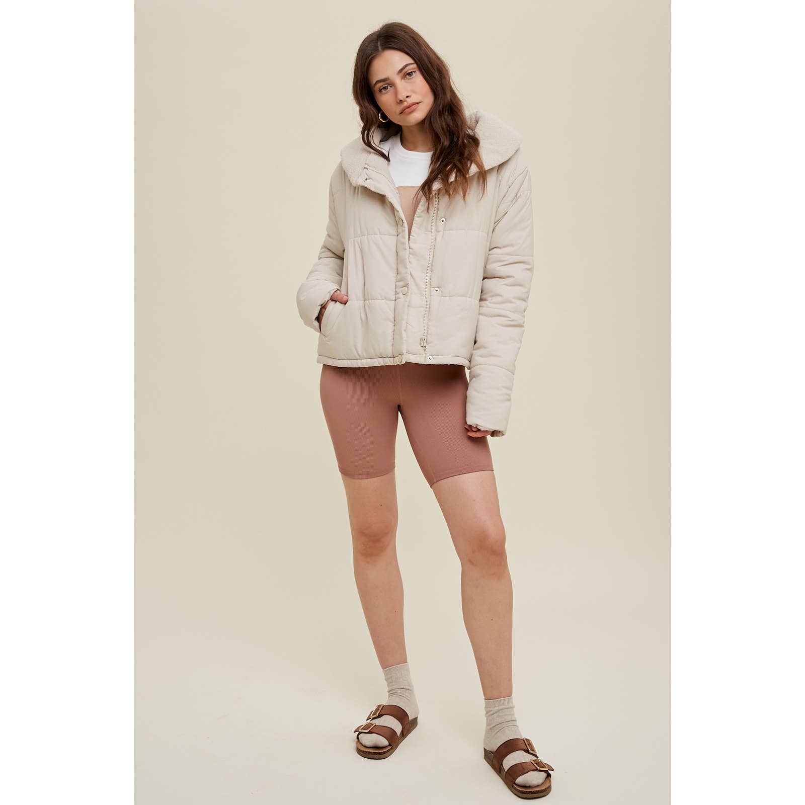 ECRU PADDED JACKET WITH SHERPA COLLAR DETAIL / WL23-7738 for wholesale on Faire1