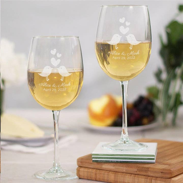 Personalized Love Birds Wine Glass for wholesale by Sunny Jar Personalized