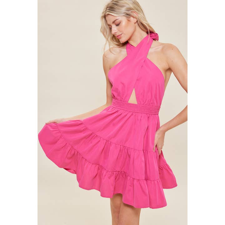 MINIKLÄNNING MED ÖPPEN RYGG MED HALTERHALS OCH VOLANGER för wholesale av idem ditto