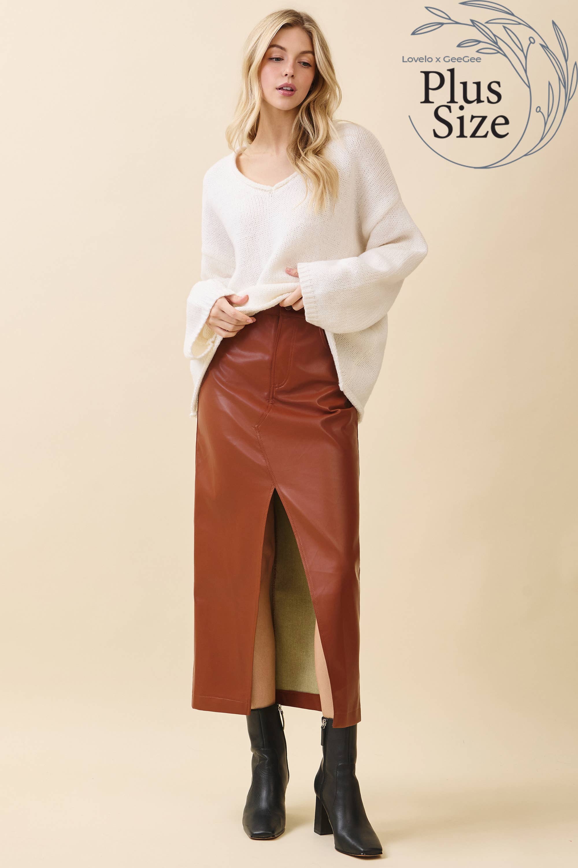 GeeGee x Lovelo - Wholesale Skirt - Women's - Plus Faux Leather Midi Skirt MS50582PL8