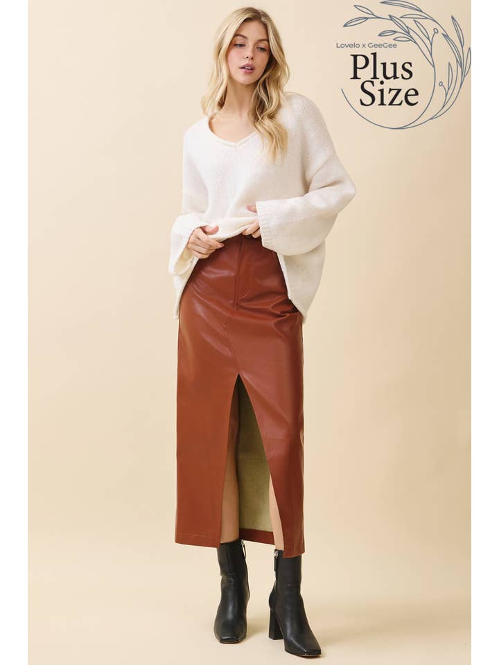 GeeGee x Lovelo - Wholesale Skirt - Women's - Plus Faux Leather Midi Skirt MS50582PL8