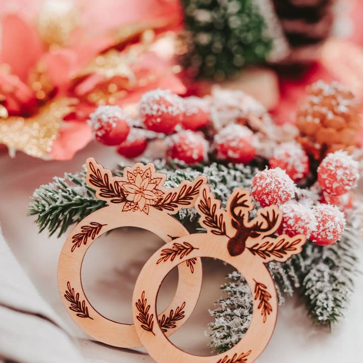 Christmas Wooden Napkin Rings with Poinsettia or Deer Head for wholesale by Lady Laser Co