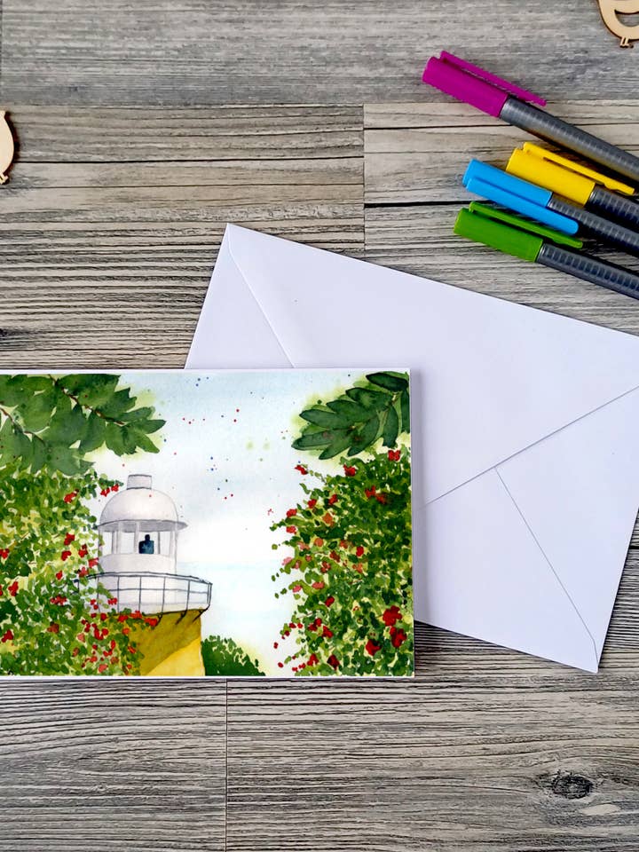 Hälsningskort – fyr, vår – handmålat akvarellmotiv för wholesale av Christina Jenne Art and Design