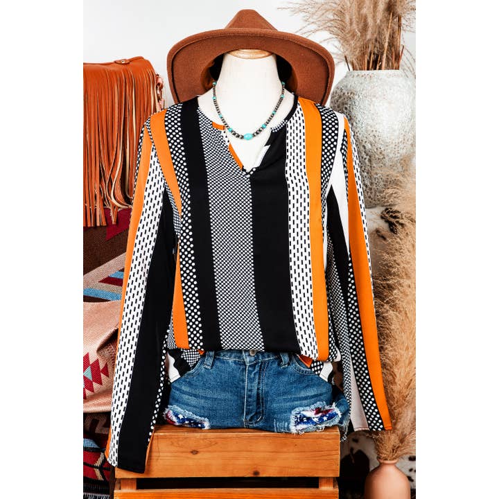 Fashion-W Geo Colorblock Notched V Neck Blouse for wholesale by fashionworks