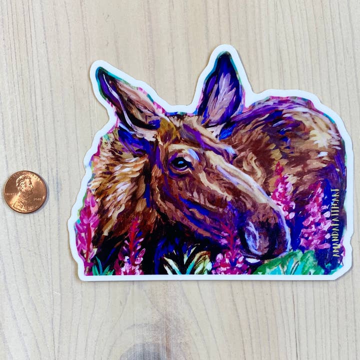 Älg & Fireweed Beauty - Alaska Art Artist Vinylklistermärke för wholesale av Alaska Paintings