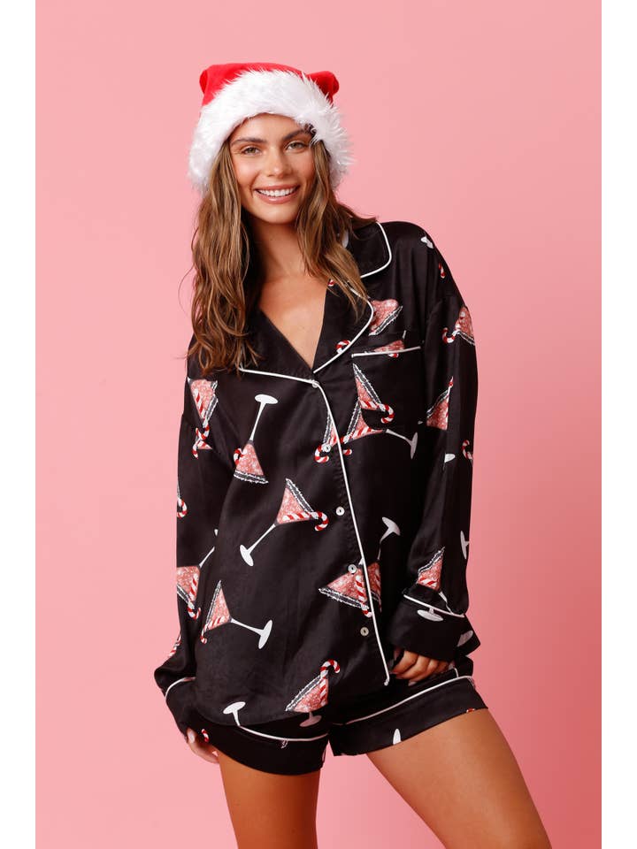 Peach Love California - Wholesale Shirt - Women's - Christmas Martini Pattern Satin Pj Top