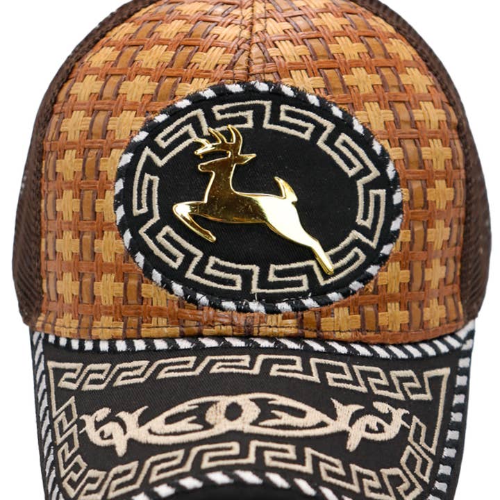 Cap Zone - Wholesale Trucker Hat - Unisex - Deer Gold Emblem Traditional Charra Woven Straw Trucker Hat