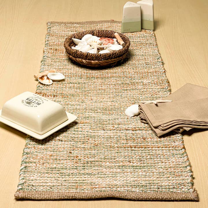 OMBRE TABLE RUNNER, NATURAL JUTE-SAGE GREEN-WHITE,13''x36''. and other Purchase wholesale sage green table runner. Free returns & net 60 terms on Faire trending on Faire.