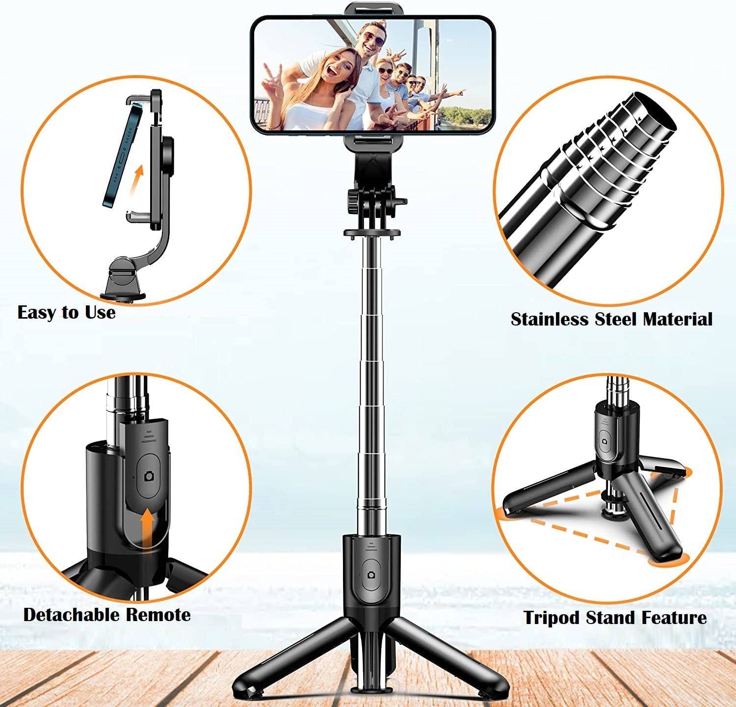 Black 3 in 1 Selfie Stick Tripod With Extendable & Portable Design for wholesale on Faire1