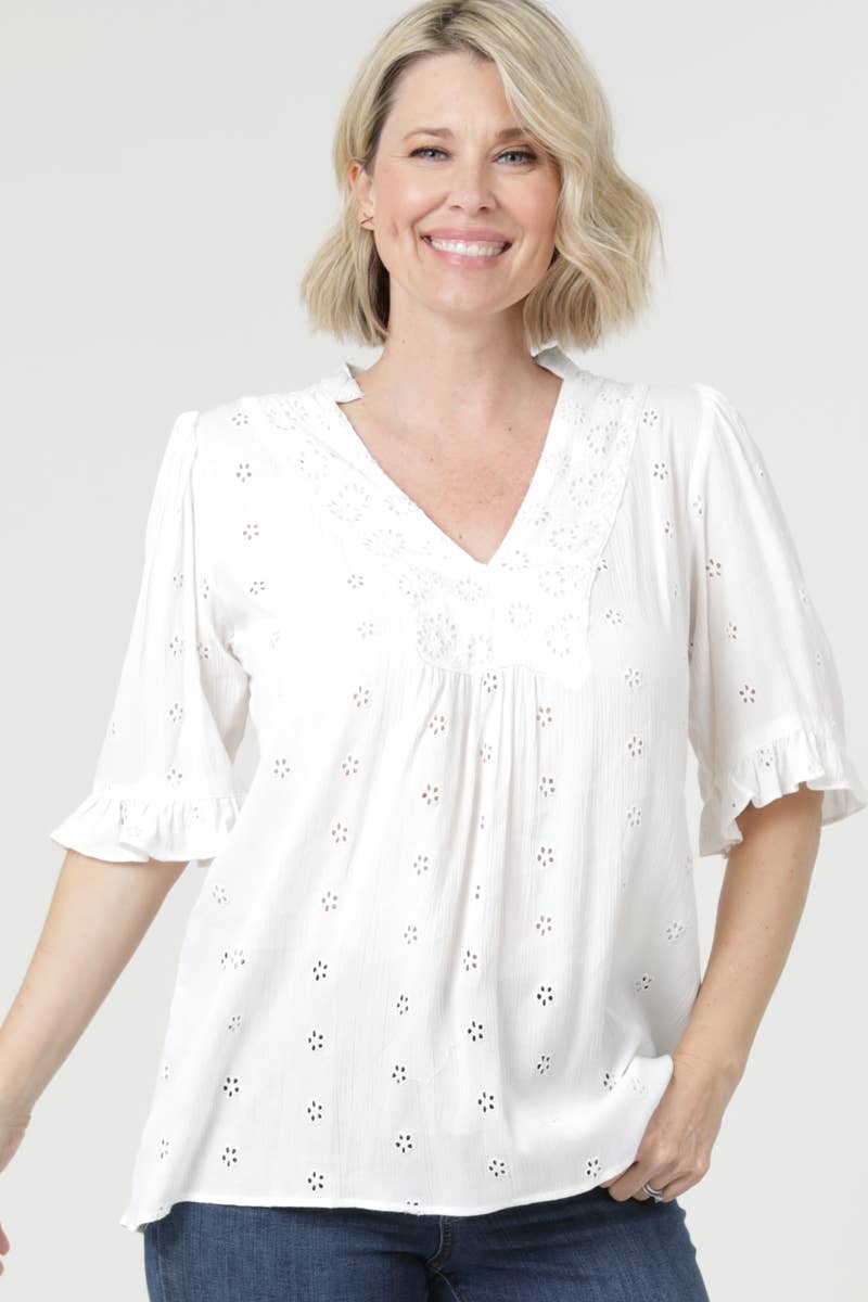 Nostalgia – wholesale Blouse – Women’s – E2V48-EM34 EYELET EMBROIDERED V NECK BLOUSE0