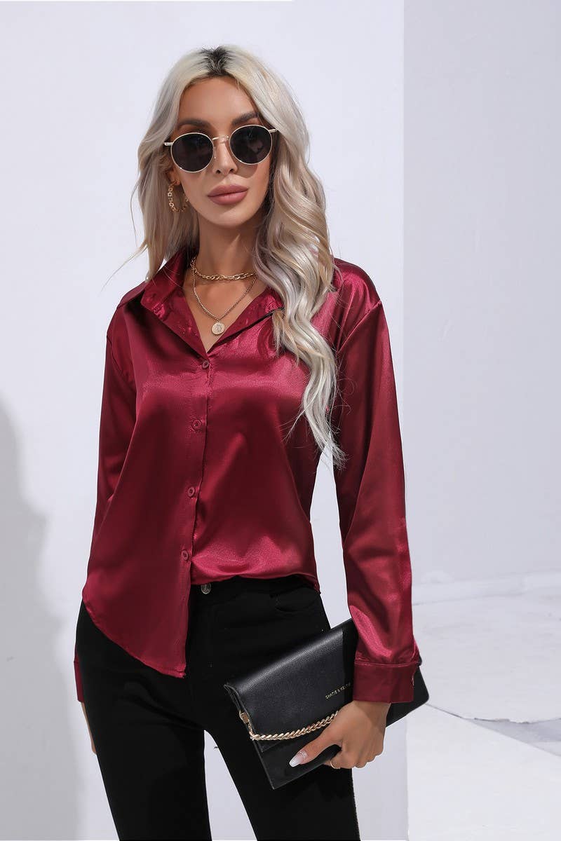 NINEXIS - Wholesale Button Down Shirt - Women's - CWTBLL0690_Button Down Silky Satin Long Sleeve Top9