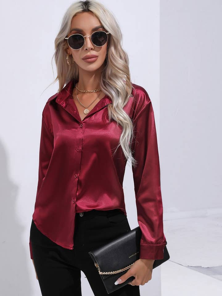 NINEXIS - Wholesale Button Down Shirt - Women's - CWTBLL0690_Button Down Silky Satin Long Sleeve Top14