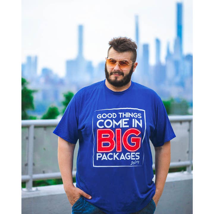 Good Things Big Packages Tee (Royal) for wholesale by Big Daddy Clothing