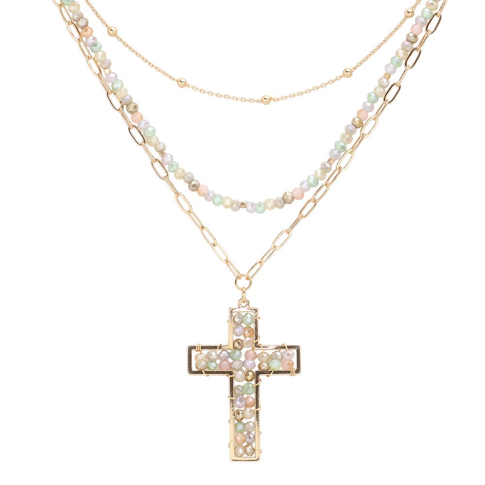 Sensibling Corp. - Wholesale Pendant/Charm Necklace - Faceted Beaded Metal Paperclip Chain Layered Cross Pendant Necklace5