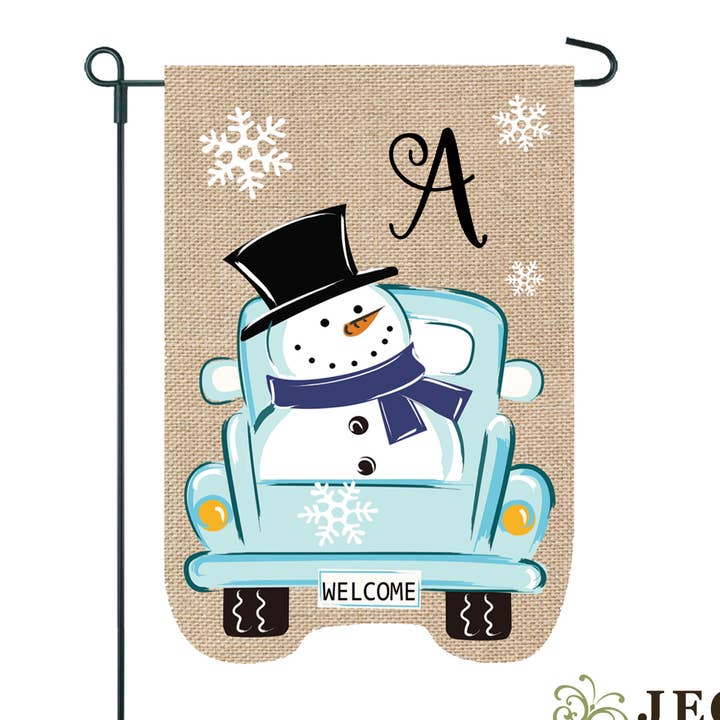 Christmas Winter Snowman Truck Monogram Burlap 2-Sided Garden Flag 12.5x18" for wholesale by JEC Home Goods Inc