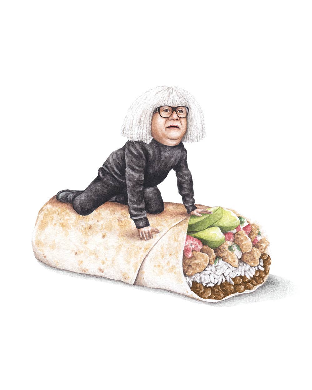 Celebs on Sandwiches - Wholesale Art Print - Danny DeVito on a Burrito - Watercolor Print
