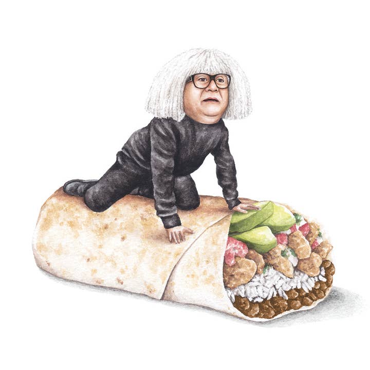 Celebs on Sandwiches - Wholesale Art Print - Danny DeVito on a Burrito - Watercolor Print0