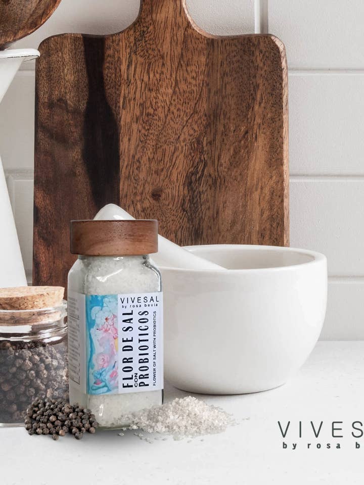 Flor de Sal with Probiotics 80g VIVESAL small glass jar for wholesale by Sal La Cococha