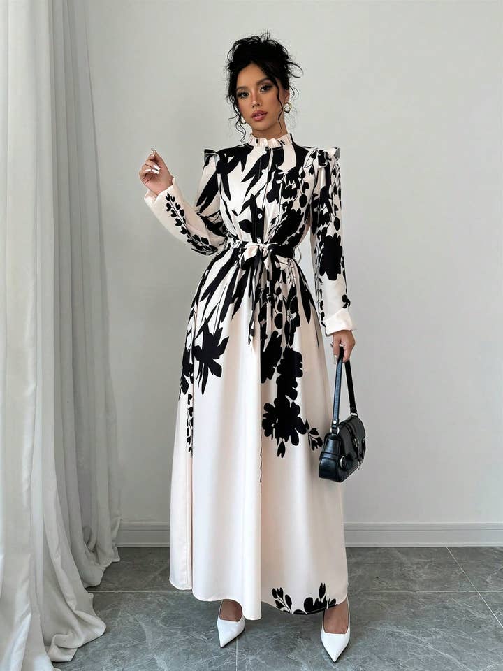 VividLux - Wholesale Dress - Women's - Long Sleeves Floral Printed Waist Cinched Maxi dress5