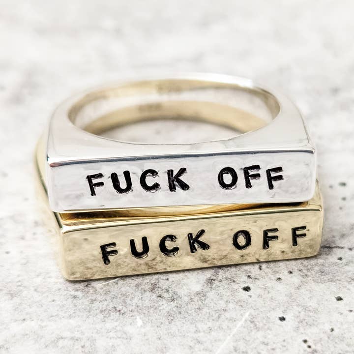 FUCK OFF Gold or Silver 90's Style Flat Top Ring for wholesale by Salt and Sparkle