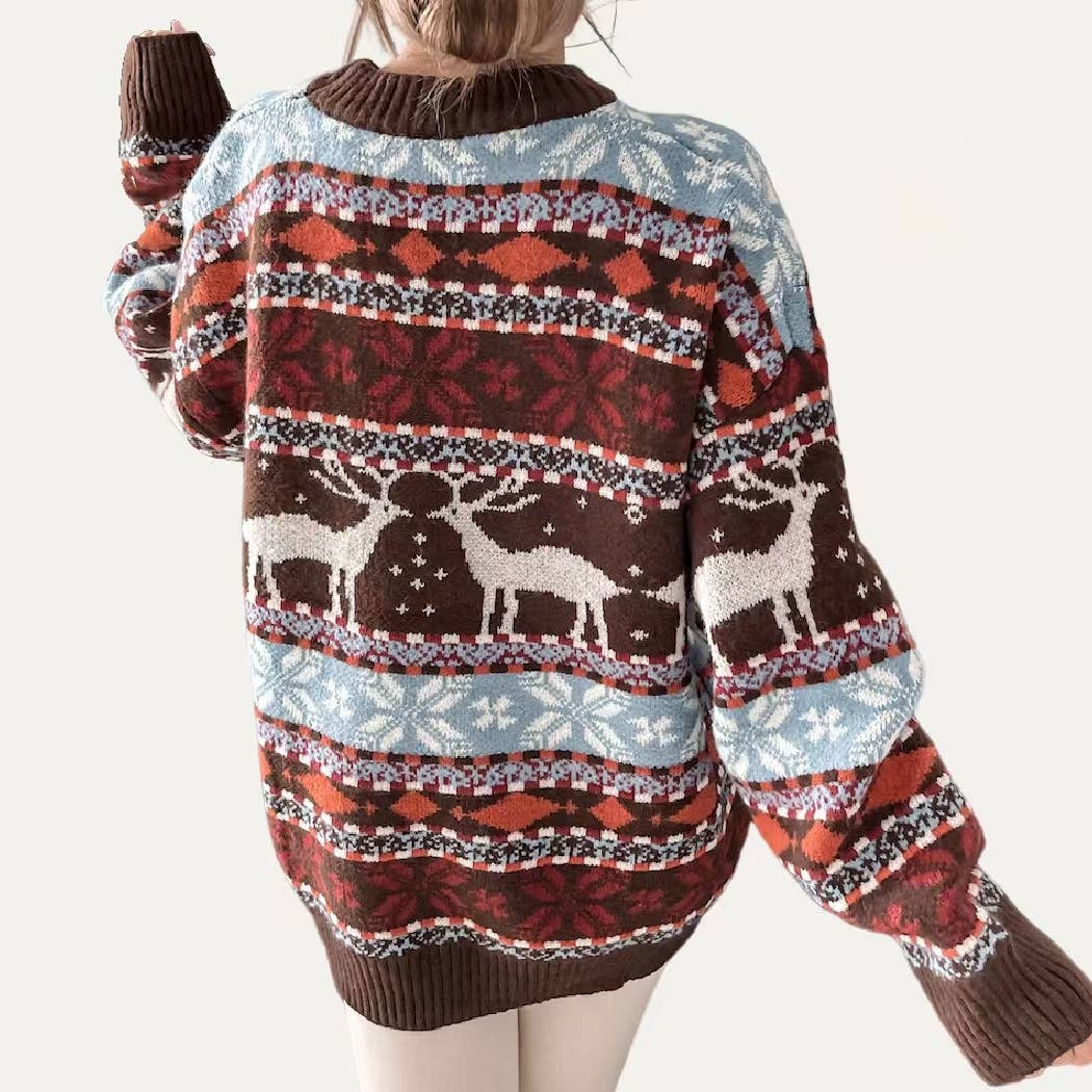 The Moment Collection - Wholesale Knit Sweater - Women's - Warmy Elk Geometric Pattern Long Sleeve Knti Sweater7