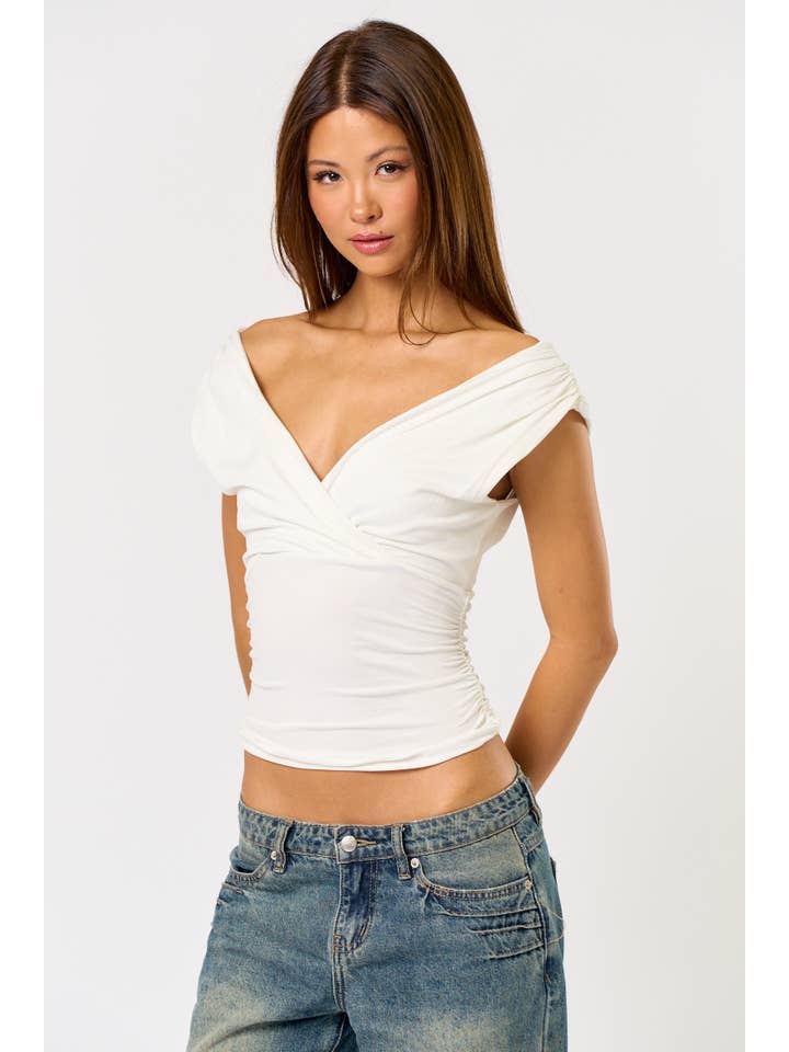Blue Blush - Wholesale Blouse - Women's - BT25836 V-Neck Ruching Top : Can Be Worn Two Ways