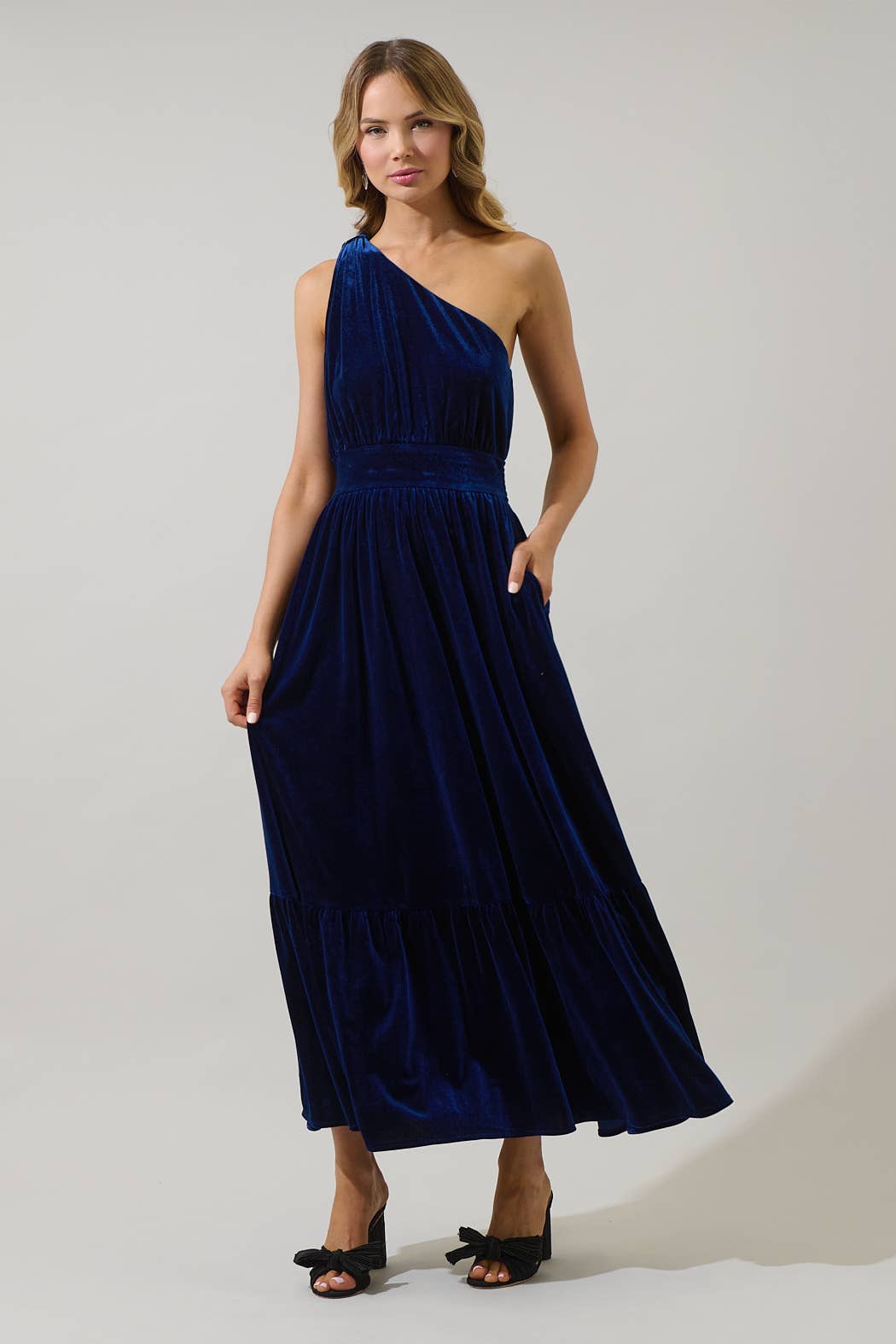 Navy Bevany Velvet Diley One Shoulder Maxi Dress for wholesale on Faire0
