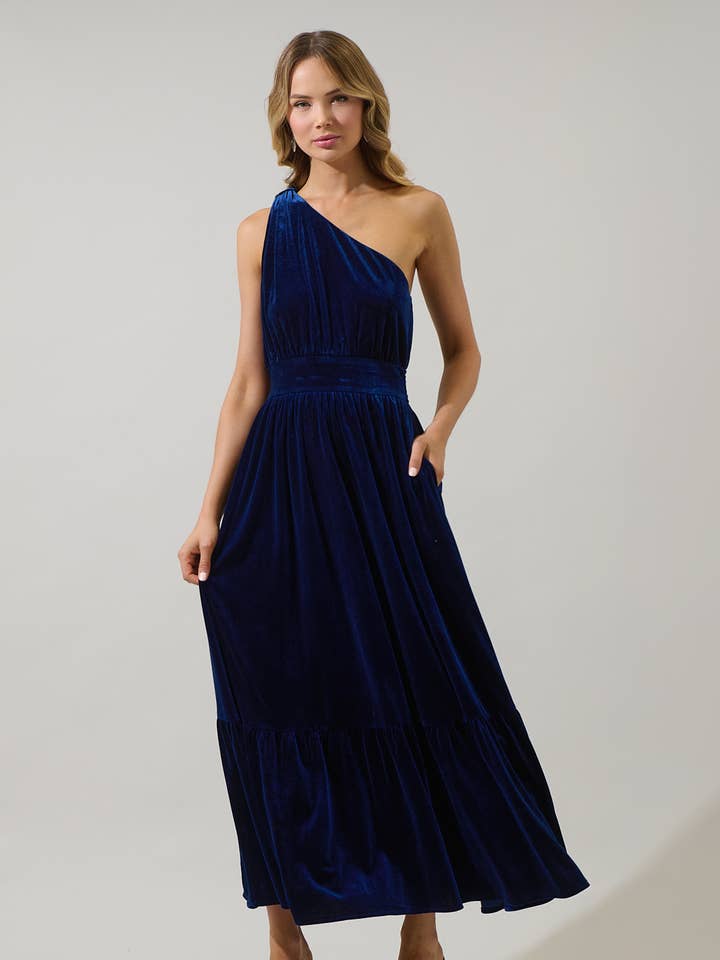 Navy Bevany Velvet Diley One Shoulder Maxi Dress for wholesale on Faire0