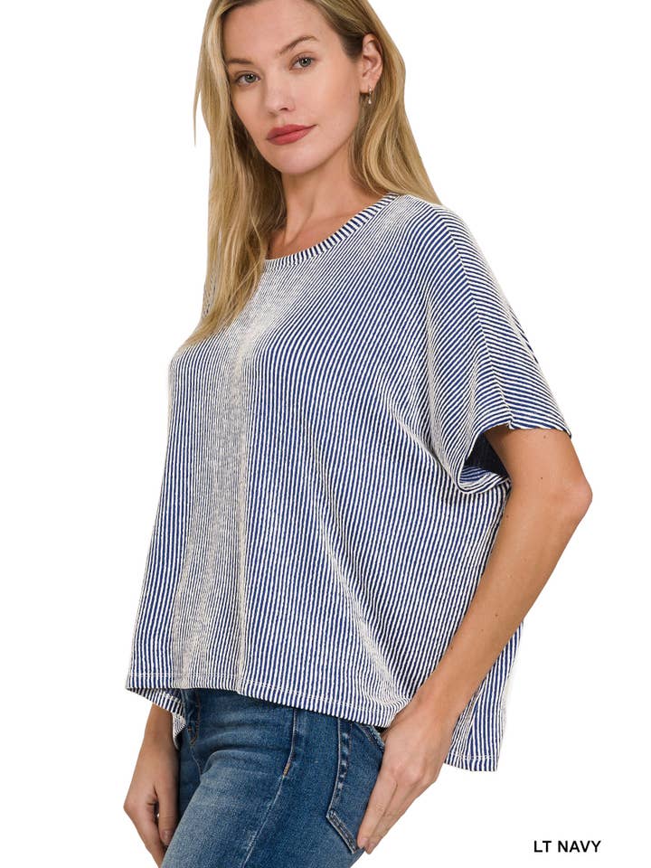 Vanilla Monkey - Wholesale Knit Top - Women's - Ribbed Striped Oversized Short Sleeve Top
