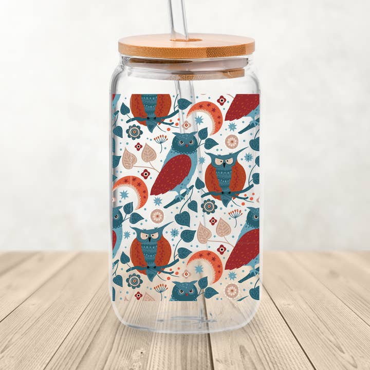Bicchiere in vetro da 16 oz con coperchio in bambù con gufo e luna per la vendita all'ingrosso da parte di Full Moon Arts & More