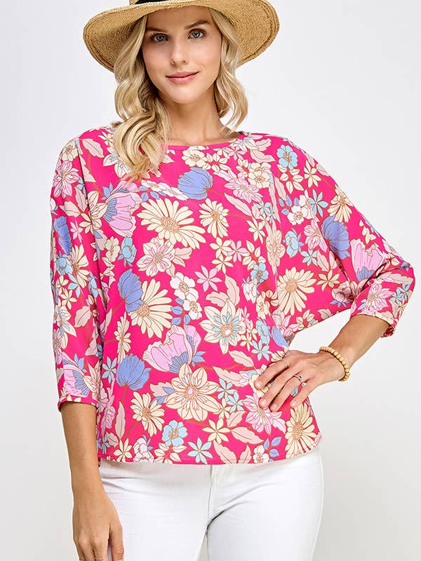 Relax Fit Manga Dolman 3/4 Tecida Floral Top por atacado de Melon Fashion