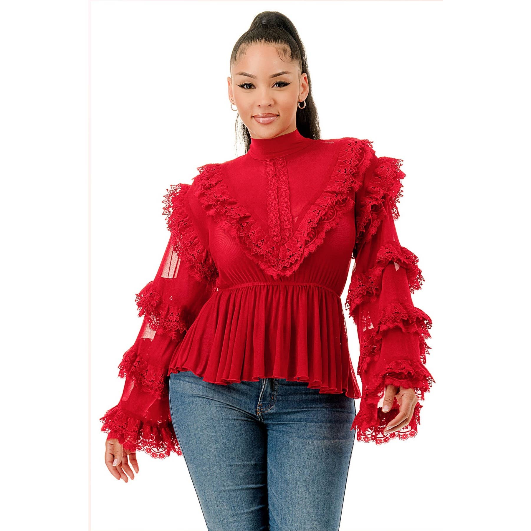 DORCAS - Wholesale Blouse - Women's - Plus Size Long Sleeve Ruffle Lace Blouse Top0
