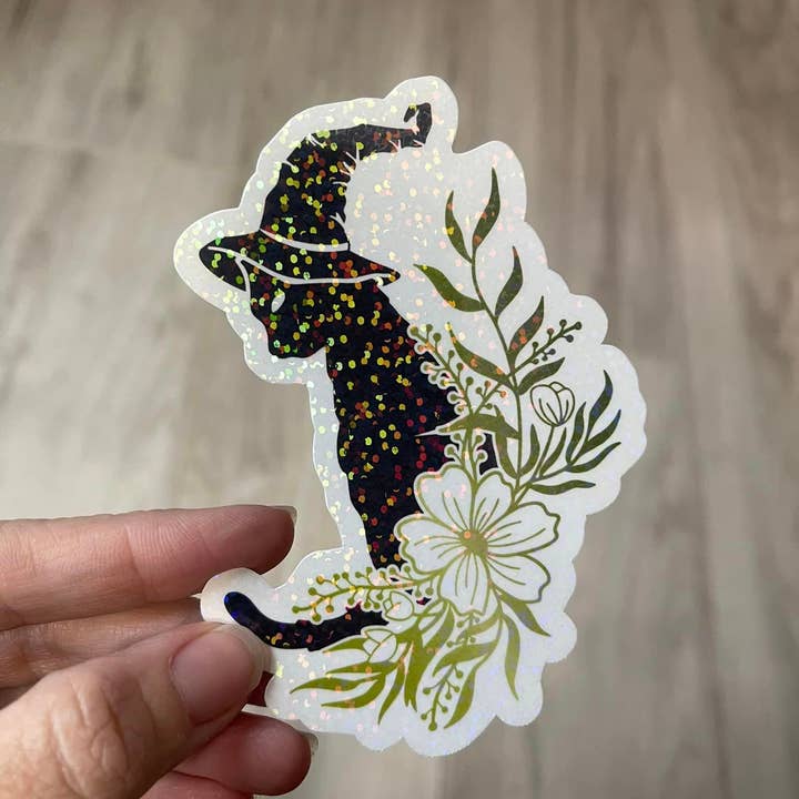 Autocollant en vinyle découpé sous pression Black Cat Witch pour la vente par Prairie Chicken Sticker Shop & Gifts
