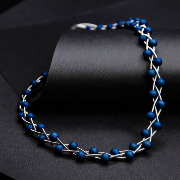 Sea Lily - Wholesale Choker/Collar - S90B - silver braided piano wire necklace with blue geodes0