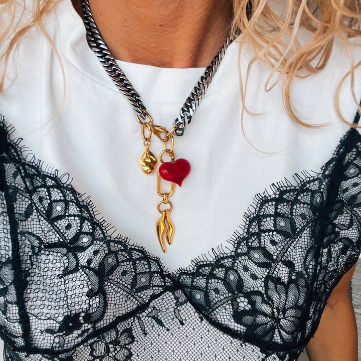 Goupi - Wholesale Link & chain necklace - Rock chain necklace with fishbone black chain and red heart5