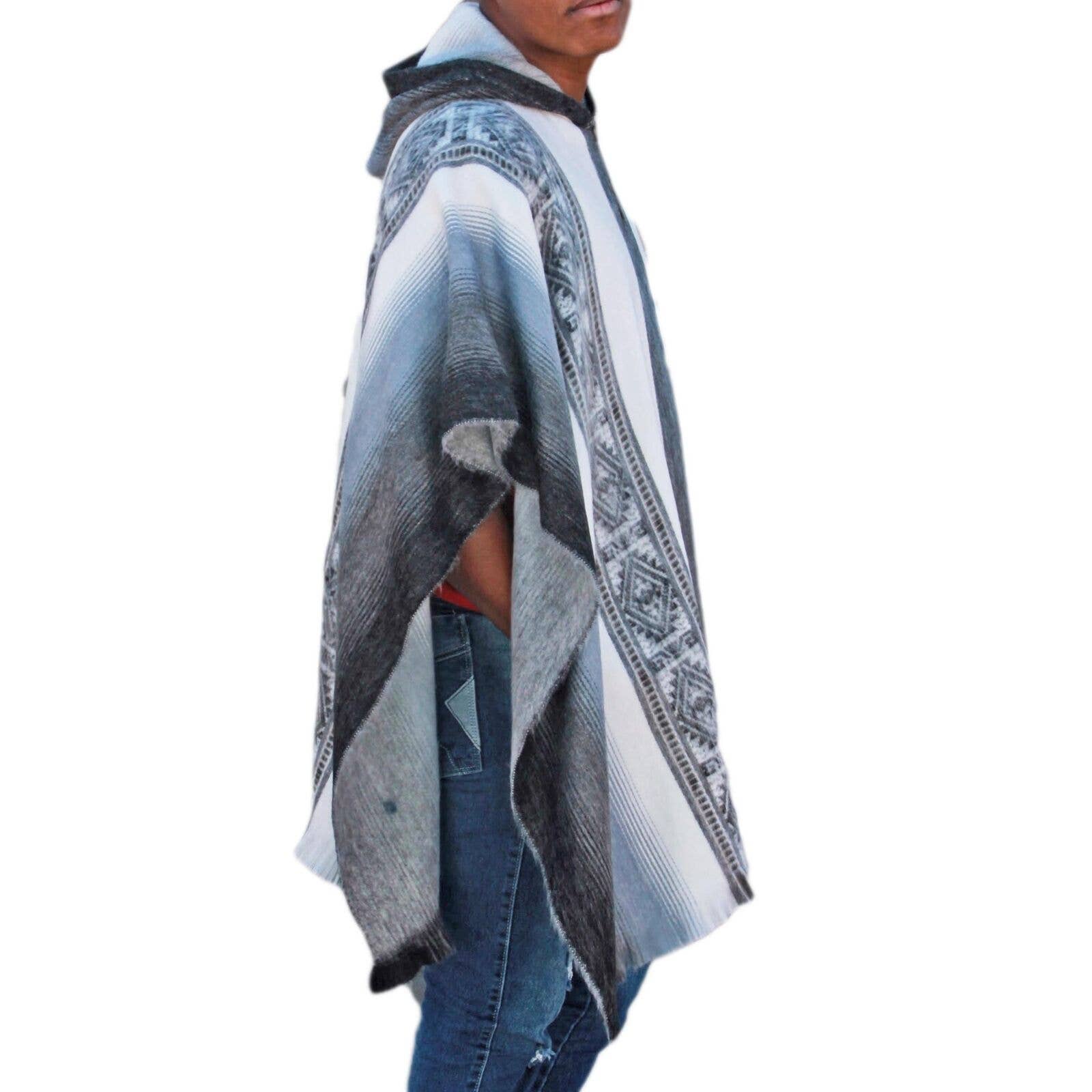 ECUALAMA – wholesale Poncho – Women's – Lightweight Baby Alpaca Wool Unisex Hooded Poncho Pullover - White/Gray7