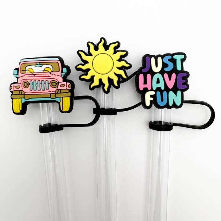 Vroom Blooms - Venta al por mayor Pajitas para beber - Juego de 3 tapas para pajitas - Jeep Rosa, Sol, Solo Diviértete