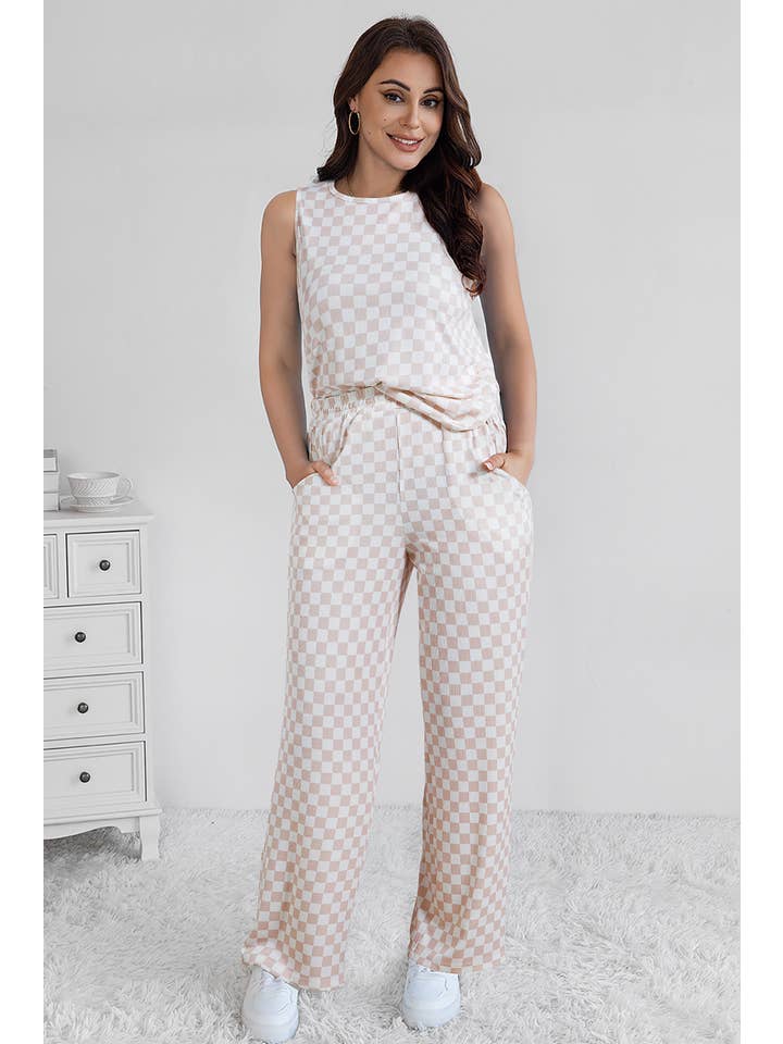 White Ribbed Texture Checkered Print 2pcs Tank and Pants Set for wholesale on Faire