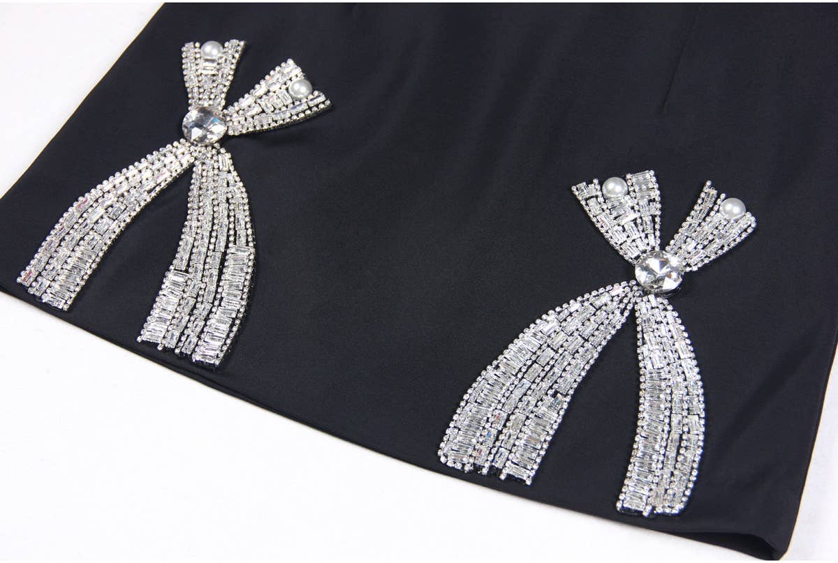 Negro SET073 Elegante conjunto de traje y falda con lazo con diamantes de imitación de venta al por mayor en Faire9