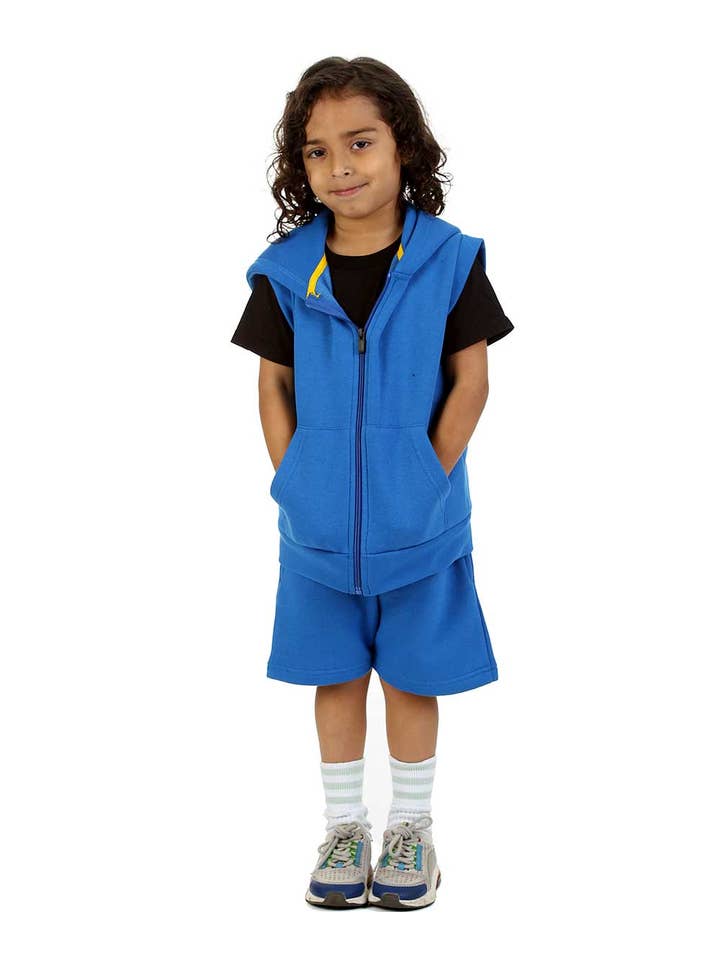 Koningsblauw Koningsblauwe bodywarmer en shorts voor kinderen, set van 2 stuks voor groothandel op Faire1