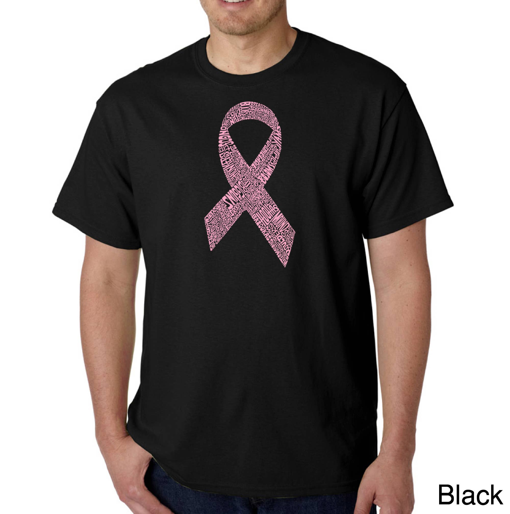 LA Pop Art - Wholesale Screen Printed T-Shirt - Men's - LA Pop Art Men's Word Art T-shirt - Breast Cancer Ribbon0