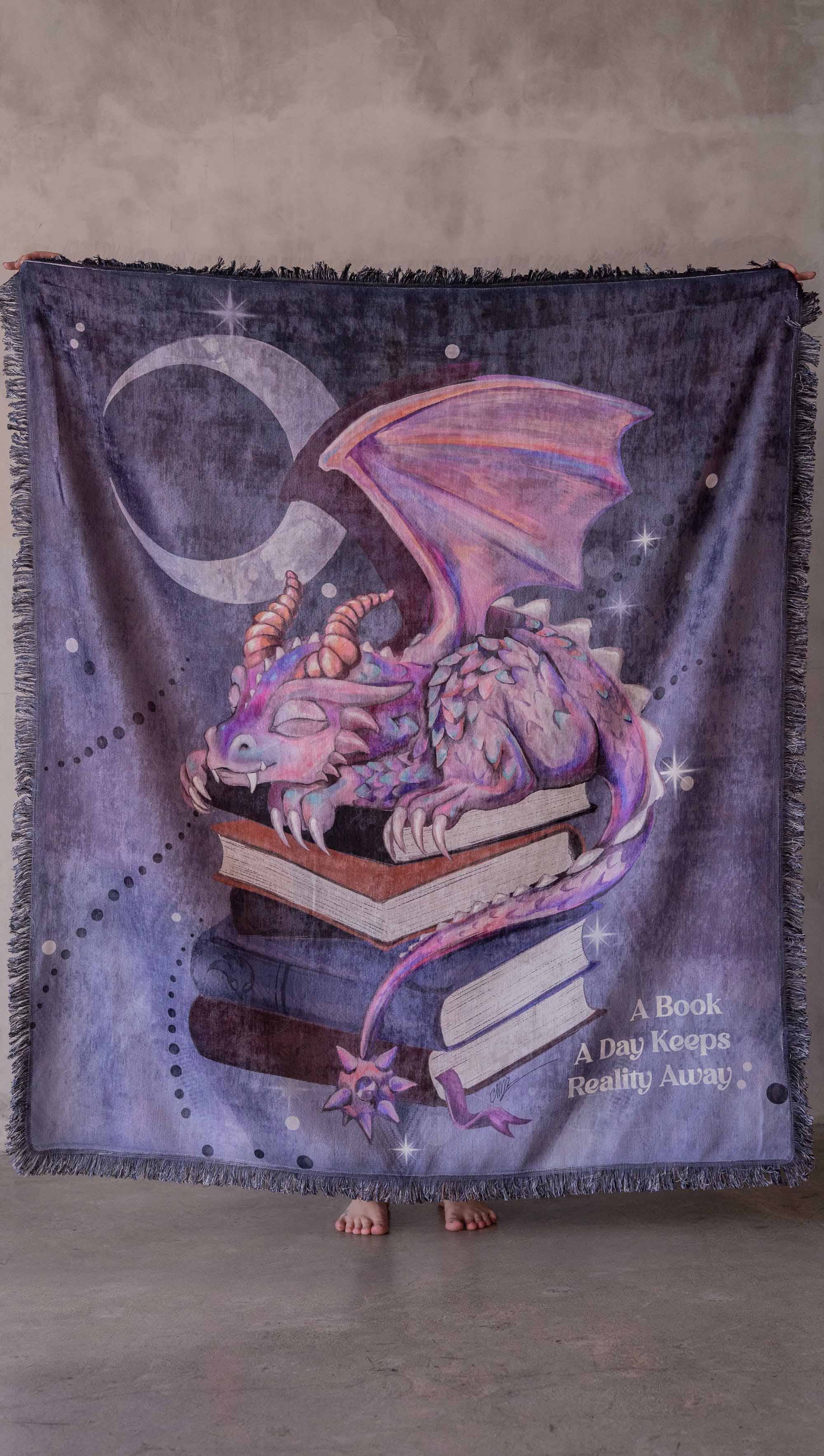 Eagle Rock Werkshop® - Wholesale Tapestry/Textile - Sleepy Book Dragon - Chenille Tapestry with Tassels 5