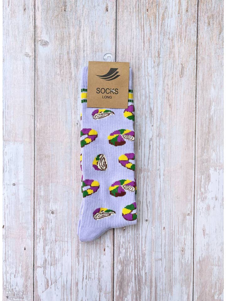 Mardi Gras Creations - Wholesale Socks - Unisex - Lavender Let Them Eat King Cake Ribbed Socks (Adult & Youth)