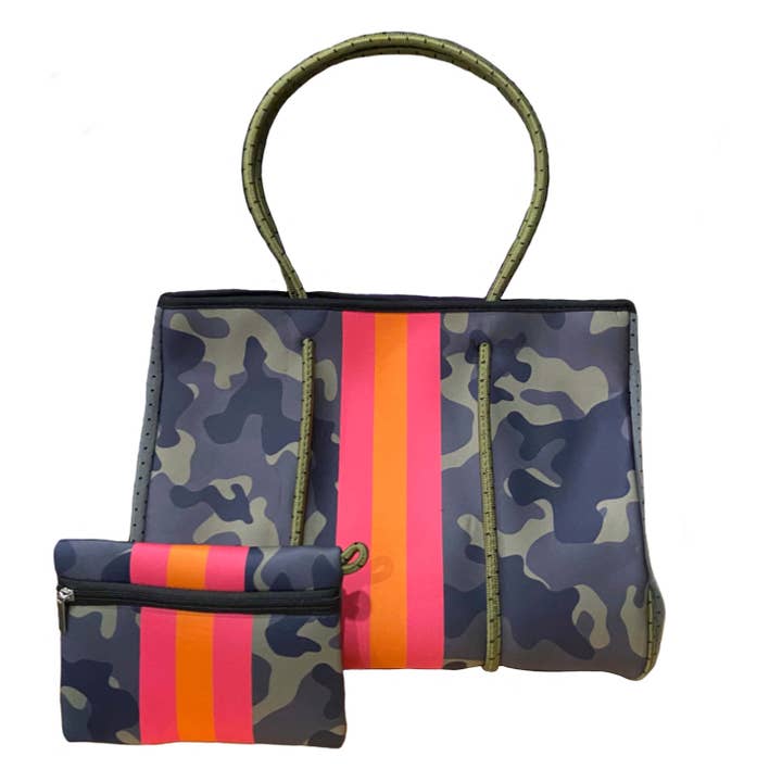 Cthru Purses - Wholesale Tote Bag - Women's - Neoprene Tote Bag Green Camo w/ Pink & Orange Stripes