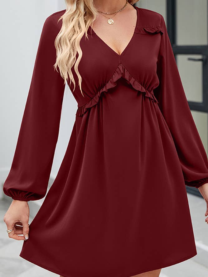 UNISHE - Wholesale Dress - Women's - V Neck Ruffle Smocked Dress ZK4581