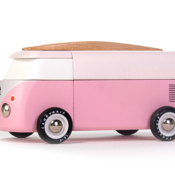 Candylab Toys – Engroshandel Legetøjsbil/lastbil - Børn – VW Beach Bus i pink med magnetic camper top og surfbræt2