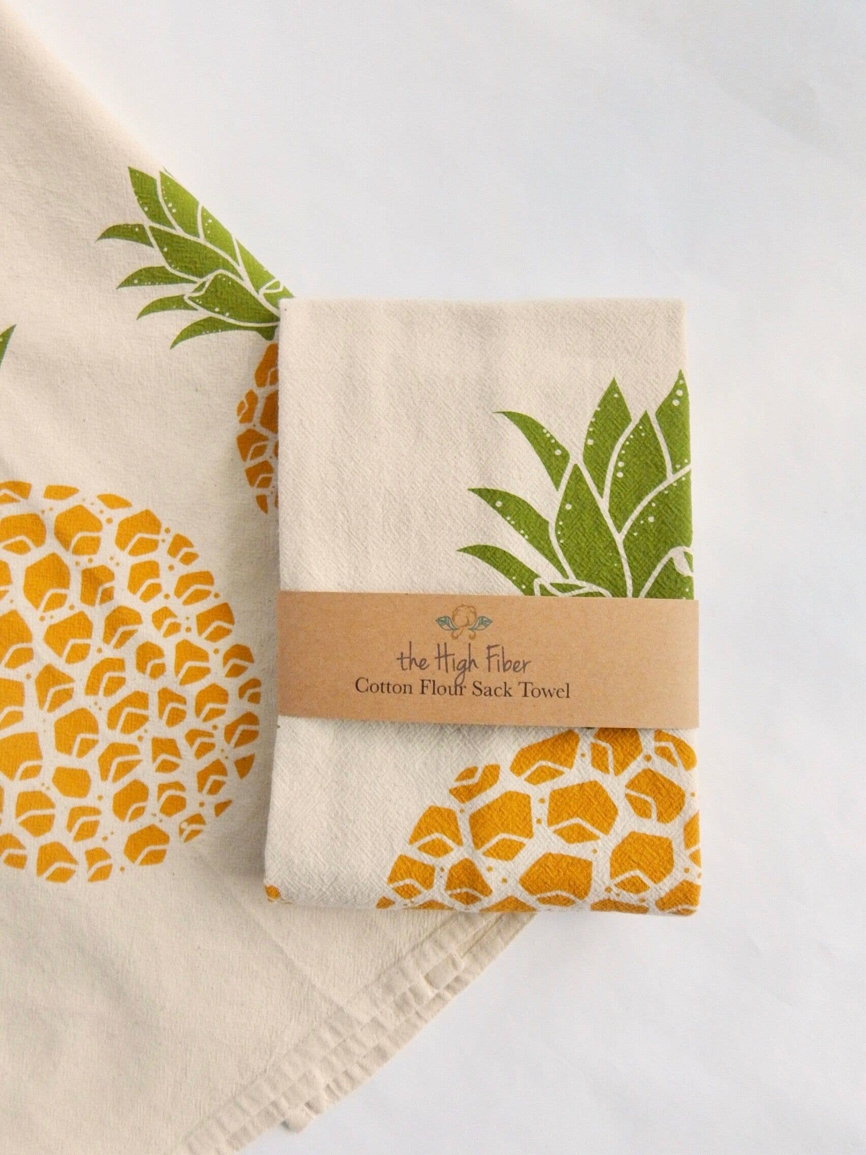 The High Fiber - Wholesale Tea Towel - Pineapple Kitchen Towel, Handprinted Tea Towel, Tropical