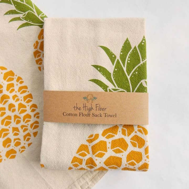 Pineapple Kitchen Towel, Handprinted Tea Towel, Tropical for wholesale by The High Fiber
