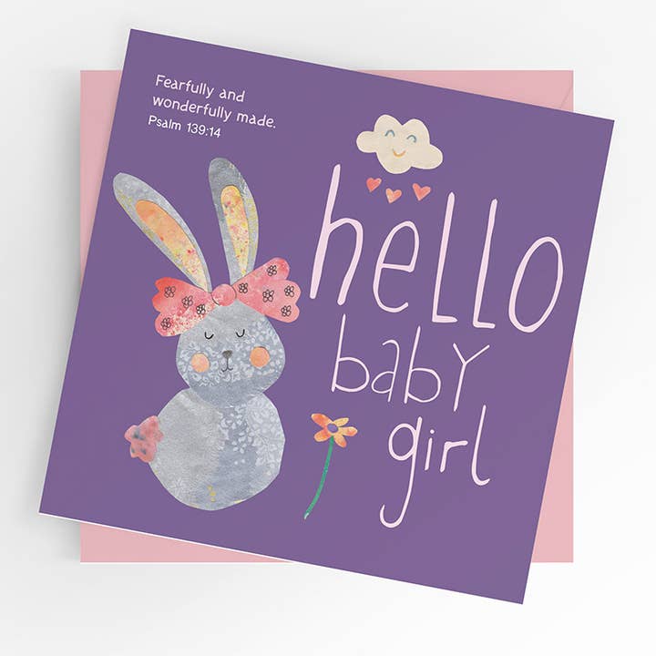 Scripture baby GIRL card, Baby girl, bunny for wholesale by Under the Willow Tree