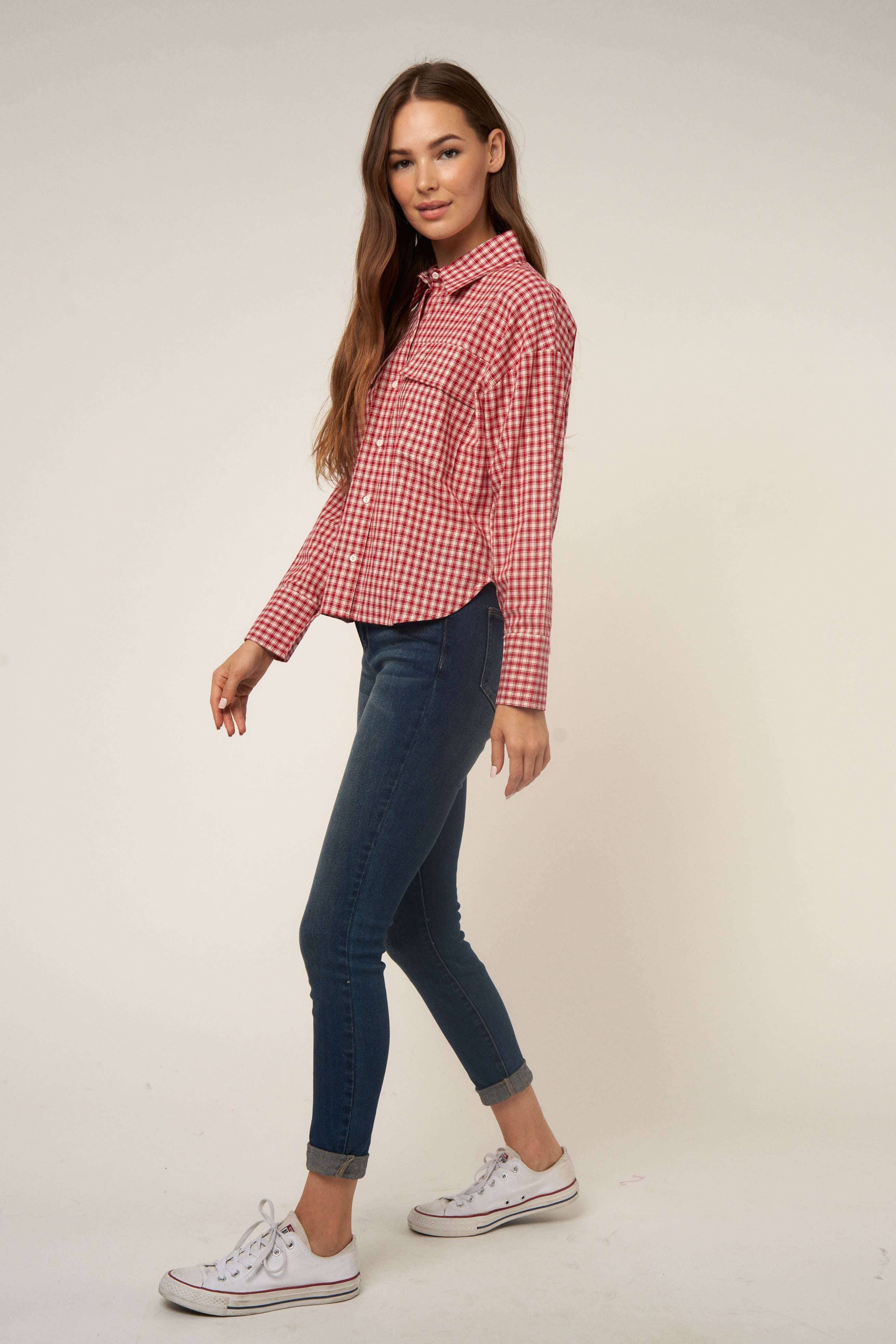 WINE SMALL GINGHAM BUTTON DOWN SHIRT for wholesale on Faire9